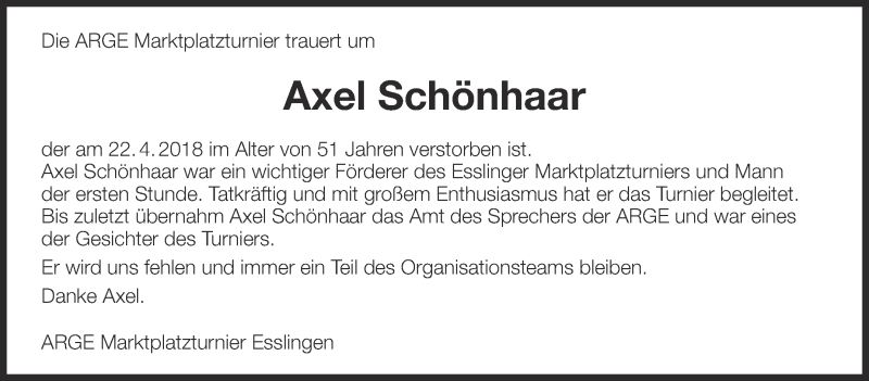  Traueranzeige für Axel Schönhaar vom 27.04.2018 aus Eßlinger Zeitung/Cannstatter Zeitung