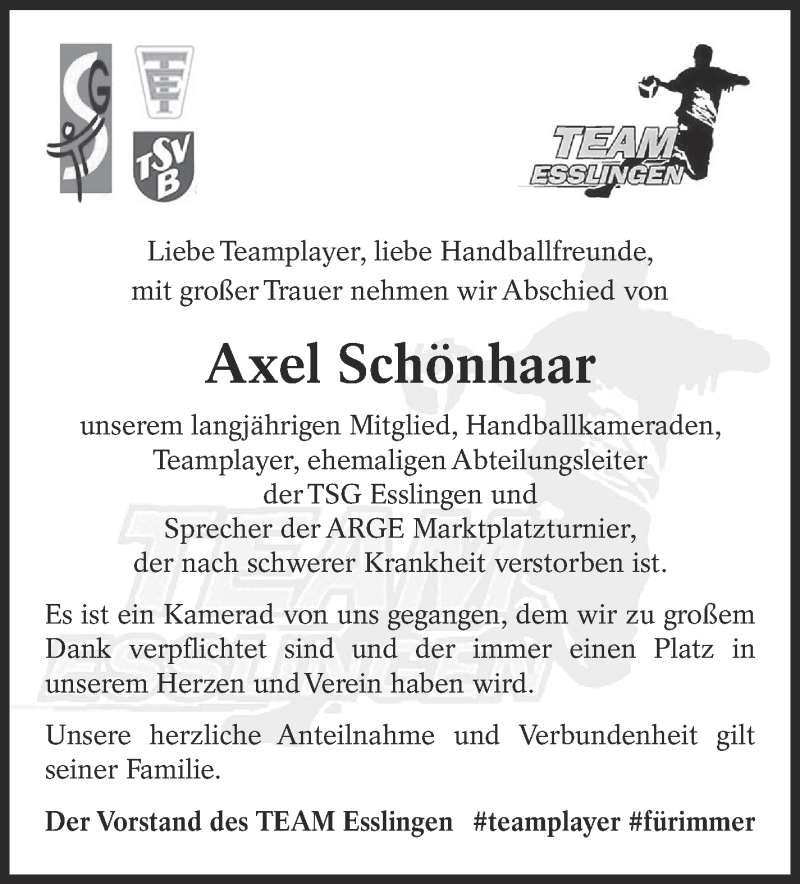  Traueranzeige für Axel Schönhaar vom 28.04.2018 aus Eßlinger Zeitung/Cannstatter Zeitung