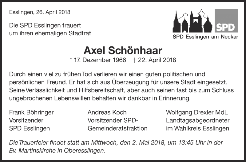  Traueranzeige für Axel Schönhaar vom 26.04.2018 aus Eßlinger Zeitung/Cannstatter Zeitung