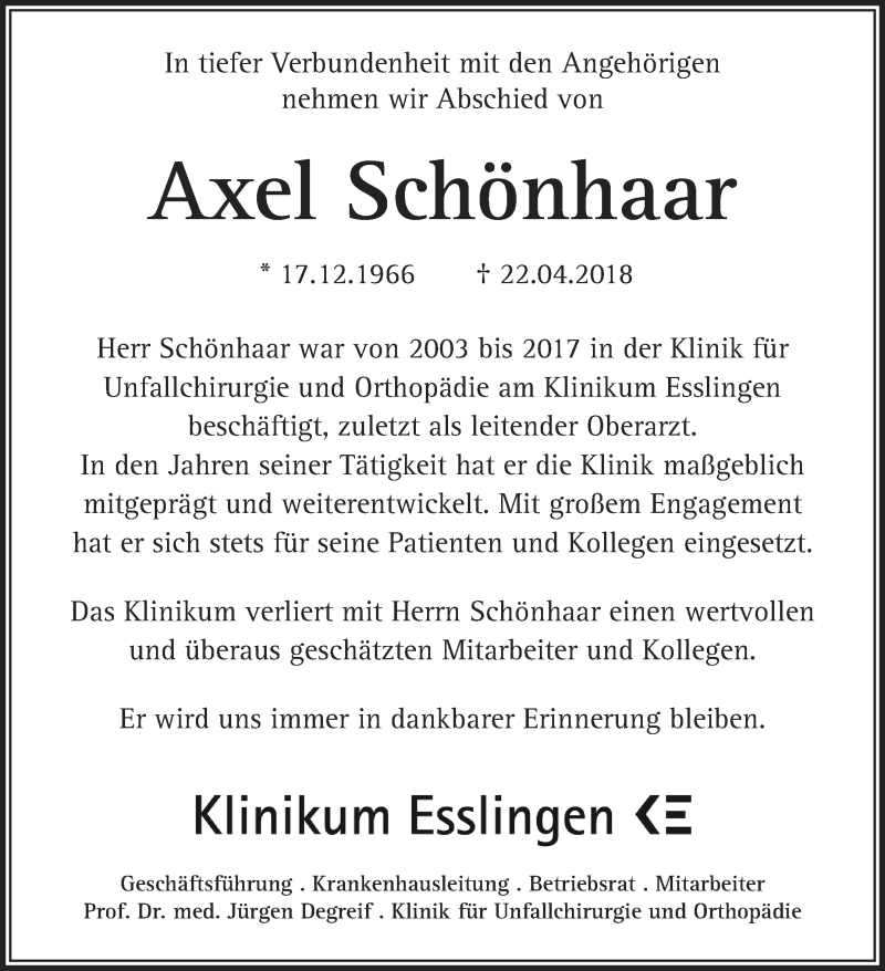  Traueranzeige für Axel Schönhaar vom 26.04.2018 aus Eßlinger Zeitung/Cannstatter Zeitung