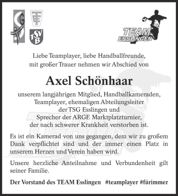Traueranzeige von Axel Schönhaar von Eßlinger Zeitung/Cannstatter Zeitung