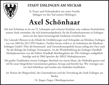 Traueranzeige von Axel Schönhaar von Eßlinger Zeitung/Cannstatter Zeitung