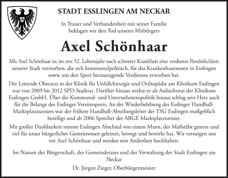  Traueranzeige für Axel Schönhaar vom 26.04.2018 aus Eßlinger Zeitung/Cannstatter Zeitung