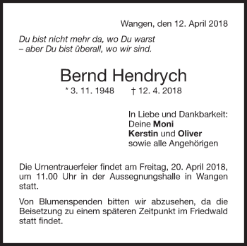 Traueranzeige von Bernd Hendrych von Eßlinger Zeitung/Cannstatter Zeitung