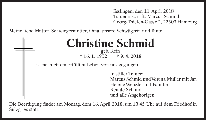  Traueranzeige für Christine Schmid vom 11.04.2018 aus Eßlinger Zeitung/Cannstatter Zeitung
