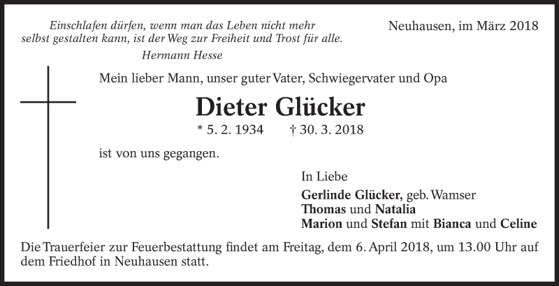  Traueranzeige für Dieter Glücker vom 04.04.2018 aus Eßlinger Zeitung/Cannstatter Zeitung