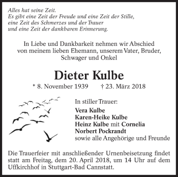 Traueranzeige von Dieter Kulbe von Eßlinger Zeitung/Cannstatter Zeitung