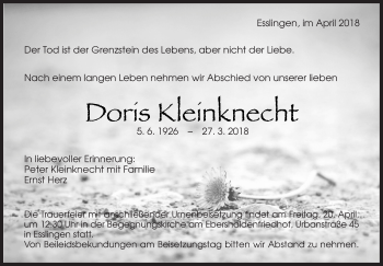 Traueranzeige von Doris Kleinknecht von Eßlinger Zeitung/Cannstatter Zeitung
