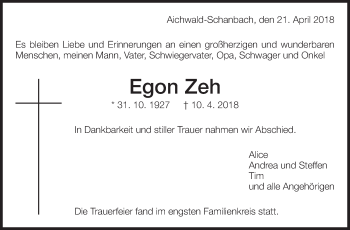 Traueranzeige von Egon Zeh von Eßlinger Zeitung/Cannstatter Zeitung