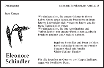 Traueranzeige von Eleonore Schindler von Eßlinger Zeitung/Cannstatter Zeitung