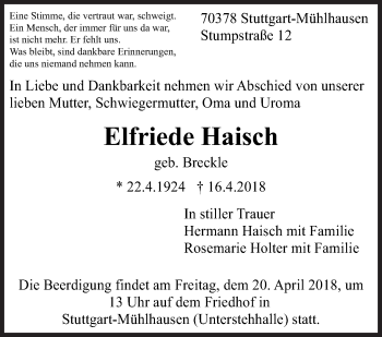 Traueranzeige von Elfriede Haisch von Eßlinger Zeitung/Cannstatter Zeitung