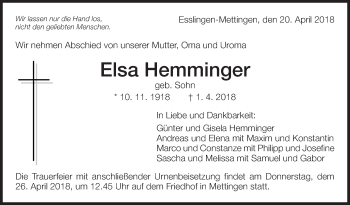 Traueranzeige von Elsa Hemminger von Eßlinger Zeitung/Cannstatter Zeitung