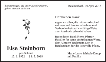 Traueranzeige von Else Steinborn von Eßlinger Zeitung/Cannstatter Zeitung