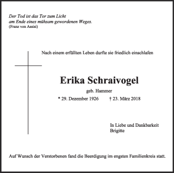 Traueranzeige von Erika Schraivogel von Eßlinger Zeitung/Cannstatter Zeitung