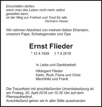 Traueranzeige von Ernst Flieder von Eßlinger Zeitung/Cannstatter Zeitung