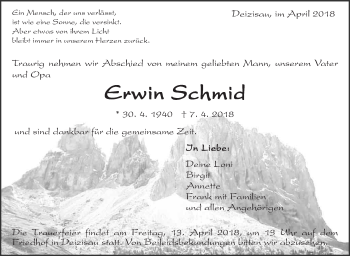 Traueranzeige von Erwin Schmid von Eßlinger Zeitung/Cannstatter Zeitung