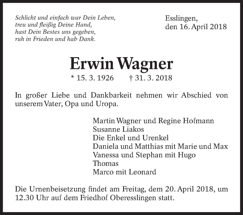 Traueranzeige für Erwin Wagner vom 16.04.2018 aus Eßlinger Zeitung/Cannstatter Zeitung