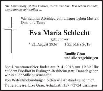 Traueranzeige von Eva Maria Schlecht von Eßlinger Zeitung/Cannstatter Zeitung