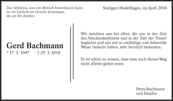Traueranzeige von Gerd Bachmann von Eßlinger Zeitung/Cannstatter Zeitung