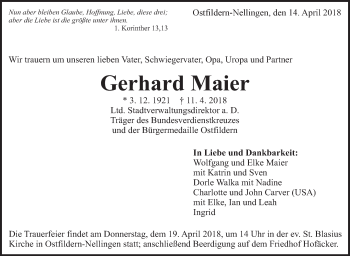 Traueranzeige von Gerhard Maier von Eßlinger Zeitung/Cannstatter Zeitung
