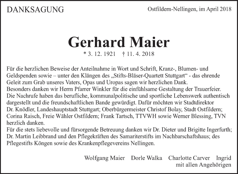  Traueranzeige für Gerhard Maier vom 26.04.2018 aus Eßlinger Zeitung/Cannstatter Zeitung