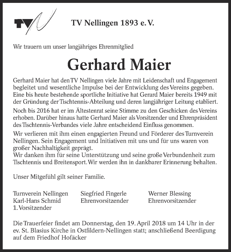  Traueranzeige für Gerhard Maier vom 16.04.2018 aus Eßlinger Zeitung/Cannstatter Zeitung