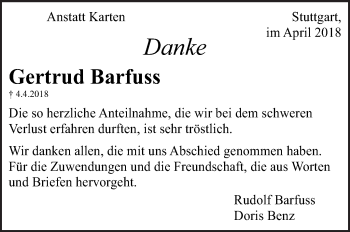 Traueranzeige von Gertrud Barfuss von Eßlinger Zeitung/Cannstatter Zeitung