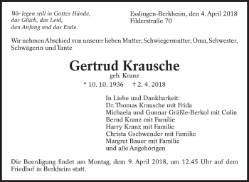 Traueranzeige von Gertrud Krausche von Eßlinger Zeitung/Cannstatter Zeitung