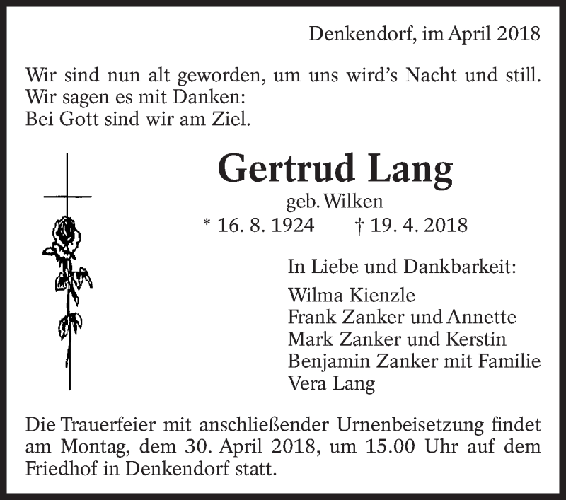  Traueranzeige für Gertrud Lang vom 25.04.2018 aus Eßlinger Zeitung/Cannstatter Zeitung