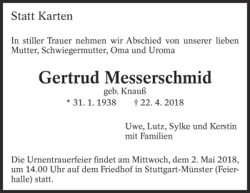 Traueranzeige von Gertrud Messerschmid von Eßlinger Zeitung/Cannstatter Zeitung