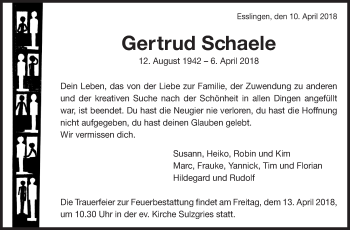 Traueranzeige von Gertrud Schaele von Eßlinger Zeitung/Cannstatter Zeitung