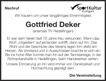 Traueranzeige von Gottfried Deker von Eßlinger Zeitung/Cannstatter Zeitung