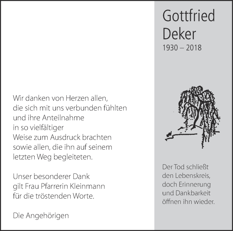  Traueranzeige für Gottfried Deker vom 26.04.2018 aus Eßlinger Zeitung/Cannstatter Zeitung