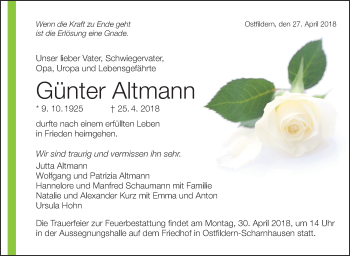 Traueranzeige von Günter Altmann von Eßlinger Zeitung/Cannstatter Zeitung