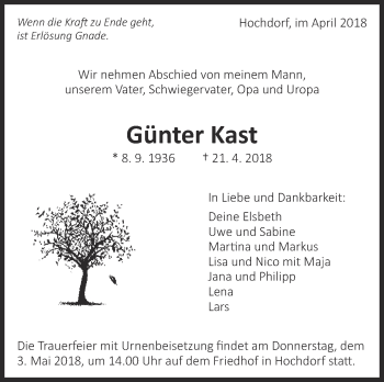 Traueranzeige von Günter Kast von Eßlinger Zeitung/Cannstatter Zeitung