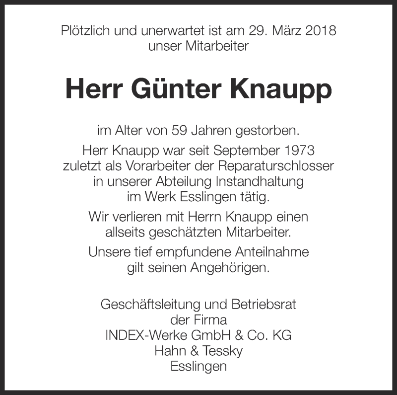  Traueranzeige für Günter Knaupp vom 07.04.2018 aus Eßlinger Zeitung/Cannstatter Zeitung