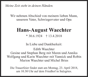 Traueranzeige von Hans-August Waechter von Eßlinger Zeitung/Cannstatter Zeitung