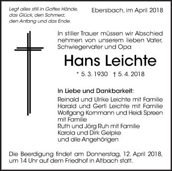 Traueranzeige von Hans Leichte von Eßlinger Zeitung/Cannstatter Zeitung