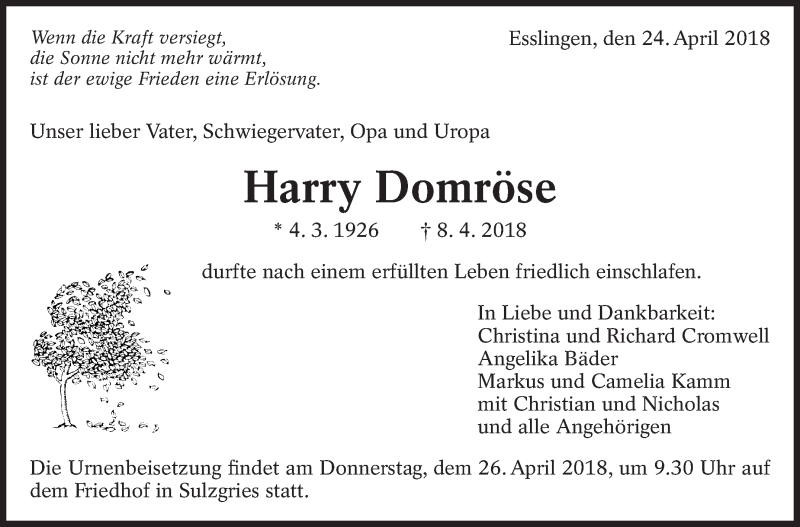  Traueranzeige für Harry Domröse vom 24.04.2018 aus Eßlinger Zeitung/Cannstatter Zeitung