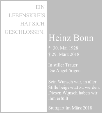 Traueranzeige von Heinz Bonn von Eßlinger Zeitung/Cannstatter Zeitung