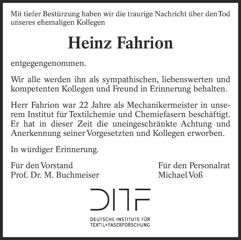  Traueranzeige für Heinz Fahrion vom 07.04.2018 aus Eßlinger Zeitung/Cannstatter Zeitung