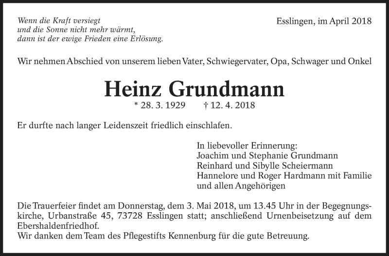  Traueranzeige für Heinz Grundmann vom 27.04.2018 aus Eßlinger Zeitung/Cannstatter Zeitung