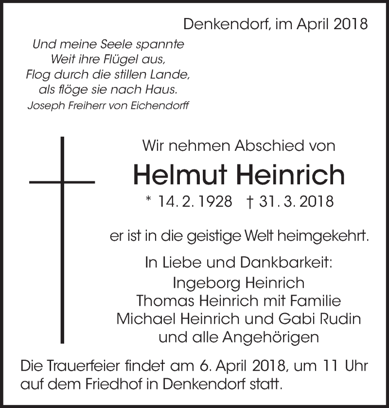  Traueranzeige für Helmut Heinrich vom 04.04.2018 aus Eßlinger Zeitung/Cannstatter Zeitung