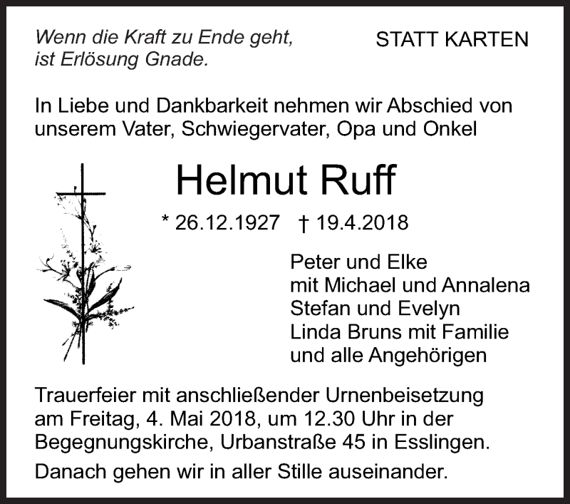  Traueranzeige für Helmut Ruff vom 28.04.2018 aus Eßlinger Zeitung/Cannstatter Zeitung