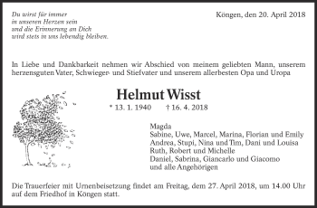 Traueranzeige von Helmut Wisst von Eßlinger Zeitung/Cannstatter Zeitung