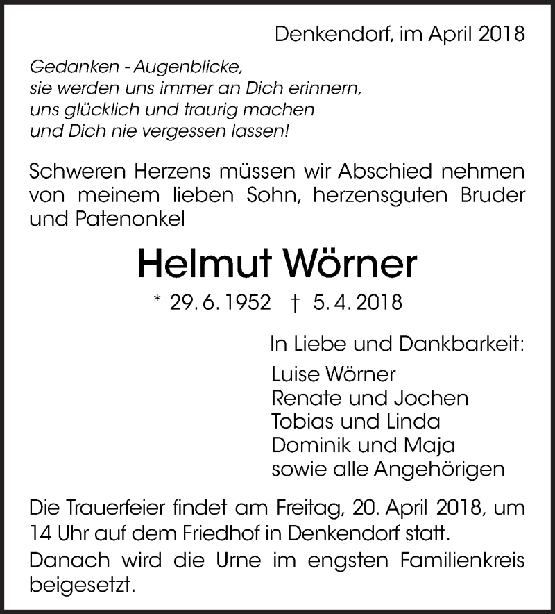  Traueranzeige für Helmut Wörner vom 16.04.2018 aus Eßlinger Zeitung/Cannstatter Zeitung
