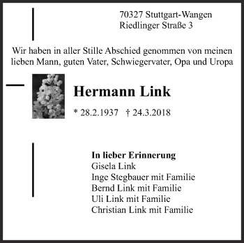 Traueranzeige von Hermann Link von Eßlinger Zeitung/Cannstatter Zeitung