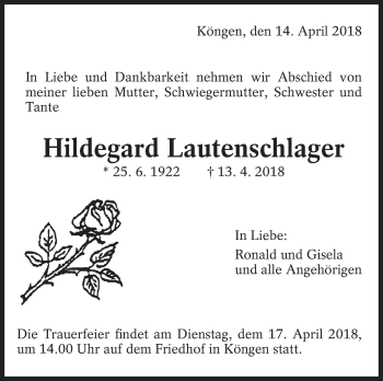 Traueranzeige von Hildegard Lautenschlager von Eßlinger Zeitung/Cannstatter Zeitung