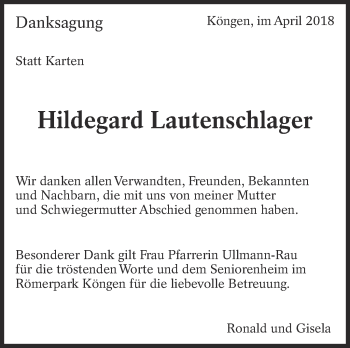 Traueranzeige von Hildegard Lautenschlager von Eßlinger Zeitung/Cannstatter Zeitung