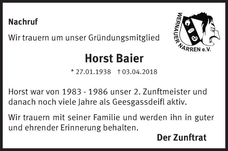  Traueranzeige für Horst Baier vom 05.04.2018 aus Eßlinger Zeitung/Cannstatter Zeitung